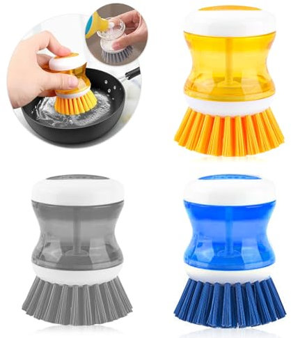 3 pièces Brosse Vaisselle,Brosse Vaisselle avec Reservoir,Brosse A Vaisselle avec Distributeur De Détergent,Nettoyage De La Vaisselle,Aide à La Vaisselle(Bleu,Orange,Grey)