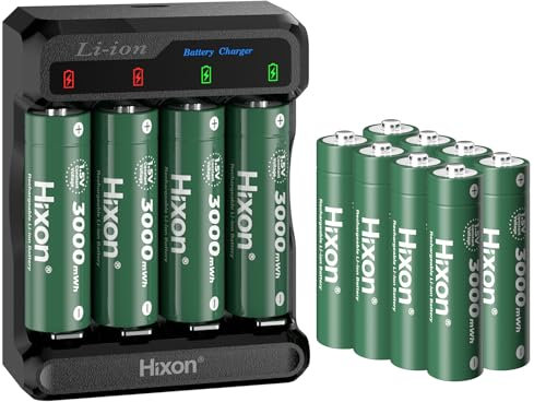 Hixon Wiederaufladbare Lithium AA Akku, 12er-Pack mit Ladegerät, 2 Stunden Schnellladung, Zykluszeiten Bis zu 1600+, Hochleistungs 1,5V AA Batterien Lithium 3000mWh (1,5V/2000 mAh)
