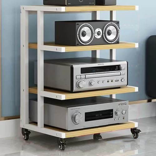 KUANGGE Audioständer, HiFi-Rack, AV-Schrank, Medienständer, Audio-Video-Komponentenschrank mit Bremsrad, 4-/5-/6-stufiges Stereo-Rack, Eckregal, Audio-Tower, offenes Audio-Schrank (schwarz, 4-stufig