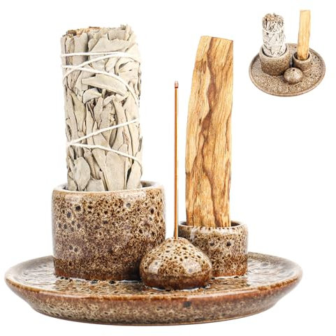 4 in 1 Räucherschale für Palo Santo, Incense Burner Holder, Keramik Räucherschale für jedes Räucherwerk, Palo Santo Räucherstäbchen Weißer Salbei, Räucherkegel, Palo Santo Sticks