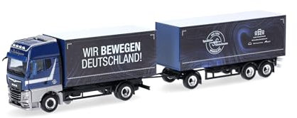 Herpa LKW Modell Man TGX GX Gardinenplanen-Hängerzug Stickelmann/Wir bewegen Deutschland (Nordrh.-Westf./Würselen), Miniatur im Maßstab 1:87, Sammlerstück, Made in Germany, Kunststoff