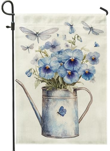 Blaue Stiefmütterchen-Gartenflagge, Gießkanne mit Blumenmuster, Schmetterlinge, Hofbanner, doppelseitig, Heimdekoration, Frühling, Sommer, Outdoor-Dekoration, 30,5 x 45,7 cm