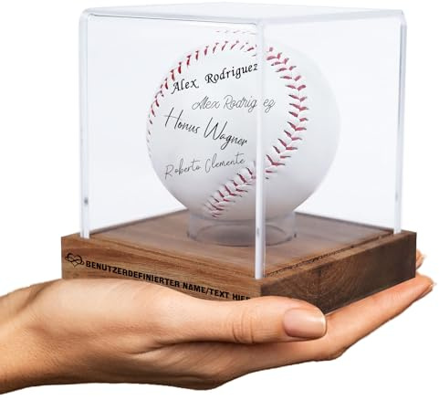 Personalisierte Baseball-Vitrine mit Gravur – UV-geschützte Acryl-Baseballbox, individueller Namenstext, Holzsockel (Stil1)