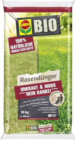 COMPO BIO Rasendünger Unkraut & Moos Stopp, 10 kg für 200 m² - verhindert Ansiedlung von Moos und Unkräutern - 100% natürliche Inhaltsstoffe