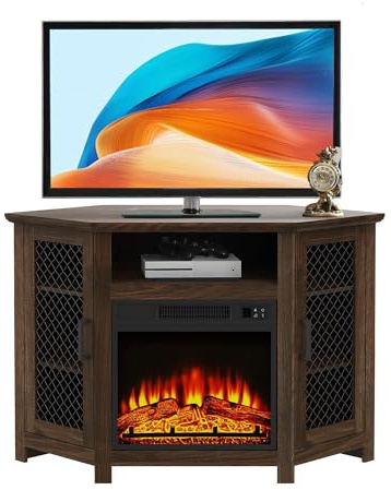 45 TV Stand with 18 Electric Fireplace Heater, Brown Modern Media Entertainment Center with Storage Cabinets (With Fireplace) (DWG-UK)
