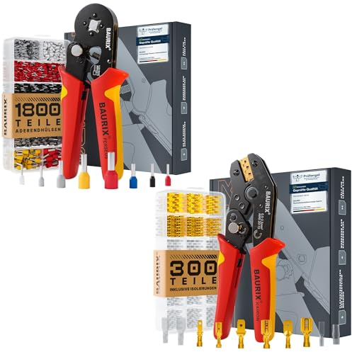 BAURIX® Crimpzangen Set – PERSEUS Aderendhülsenzange 0,25-10mm² mit 1800 Aderendhülsen & KAIRON Crimpzange 0,50–2,50 mm² mit 300 Flachsteckhülsen