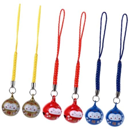 Housoutil Lot de 6 Pendentifs Décoratifs pour Téléphone Portable en Cuivre Cloche Chat Fortune, Petits Charms Suspendus Bleu, Rouge et Or pour Décoration de Paquet et Téléphones