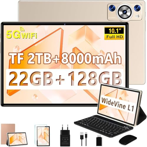 Tablet Android 14 Tablet 10 pollici, 22 GB RAM+128 GB ROM (1 TB TF), Widevine L1 | 8000 mAh | Octa-Core | 2.0 GHz | 5 GB WiFi | BT 5.0 | 5MP+8 MP | Supporta Neflix, Tablet con Tastiera e Mouse, Golden