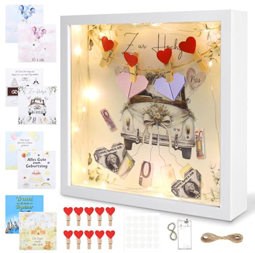 3D Bilderrahmen zum Befüllen, 8 IN 1 Geldgeschenk Personalisiert | Tiefer Rahmen mit Licht,Hochzeitsgeschenk Personalisiert für Taufen Hochzeit Reisen Geburtstag,Geldgeschenk Hochzeit