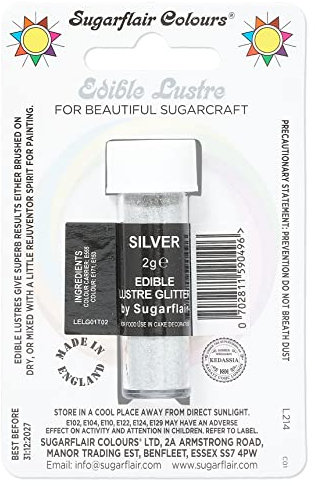 Sugarflair Silver Edible Lustre Glitter, Add a Lustrous Shine to Cakes or Decorations. Brush On or Add Rejuvenator to Create Eye-Catching Edible Paint - 2g