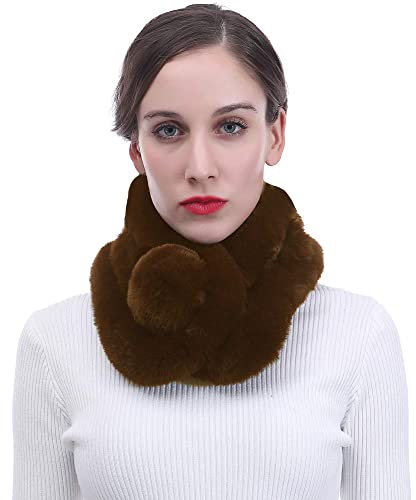 Lina & Lily Damen Schal Winterschal Pelzkragen mit Bommel aus Kunstpelz (Braun)