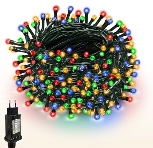 WISD Luci di Natale - Catena Luminosa 100 LED 12.8M Esterno Interno con Cavo Verde, Funzione di Timer e Memoria - Decorazioni Natalizie per Albero di Natale, Giardino e Festa (Colori)