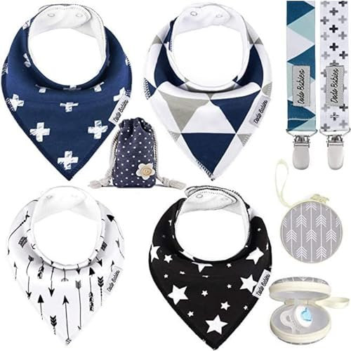 Das Dodo Babies Baby-Bandana-Sabber-Lätzchen-Set besteht aus vier Babylätzchen aus weicher Baumwolle, Schnullerclips und einer Geschenktasche, alle mit verstellbaren Knöpfen aus weicher Baumwolle.