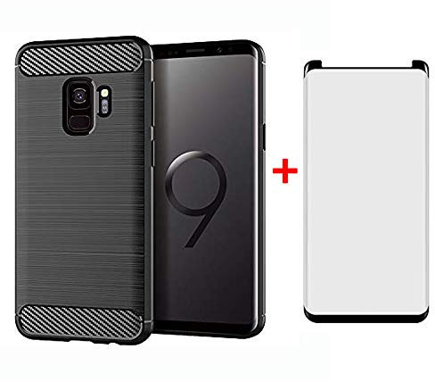 Phone Case for Samsung Galaxy S9 and Tempered Glass Screen Protector Film Cover with Mobile Accessories Slim Thin Shockproof Soft Silicone Rubber TPU Bumper Glaxay S 9 9S Edge GS9 Girls Men Girl Black