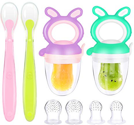 Oladwolf Aspirador de frutas, 2 Aspiradores de frutas para bebés + 1 cuchara para bebé a partir de 3 meses + 6 aspiradores de frutas en 3 tamaños accesorios para bebés de 0 a 6 meses