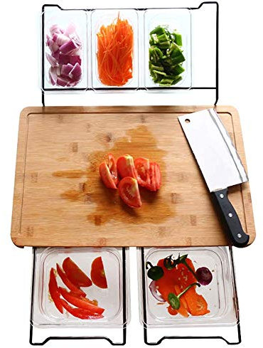 LMEIL Bamboo Cutting Board with 5 Storage Containers, Extensible Multifunctional Non-Slip Chopping Board for Kitchen