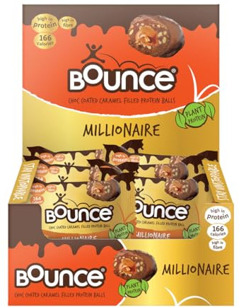 Bounce Millionaire Vegan Protein Balls, Chocolate Caramel - 12 Pack | 9.2g protein, 166 cal, high in fibre, gluten free, no palm oil. Individually wrapped protein snack for on the go.