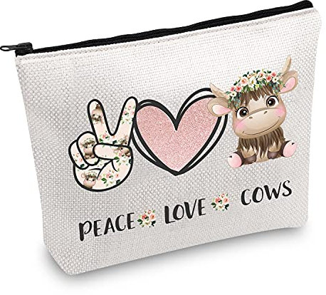 JXGZSO Make-up-Tasche mit Kuh-Muster, Kosmetiktasche mit Reißverschluss, Kuh-Liebhaber, Geschenk für Kuh, Mädchen, Rinderbesitzer, Tierliebhaber, Peace Love Cows