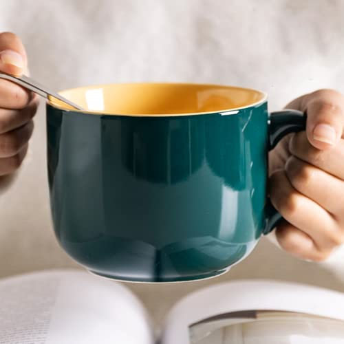Arawat Large Mug 600ML Tea Mugs Jumbo Ceramic Cappuccino Mugs Big Jumbo Cups Soup Bowl with Handle Coffee Mug Large Cereal Bowls with Spoon Coffee Tea Cereal Cup Porcelain
