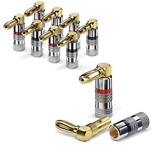 conecto Banana Plugs for Speaker Cable Set of 8 90 Degree Angled Plugs Gold Plated with Color Coded (4x Red, 4x Black) 24K Gold Plated, Red/Black