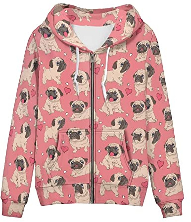 Biyejit Damen Langarm-Kapuzenpullover mit Reißverschluss und Kordelzug und Kapuze, lässiges Oberteil mit Taschen, Cartoon Mops Hund, 38