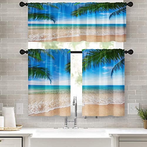 Tayney Strand-Küchenvorhänge, tropische Palme, Fenstervorhänge, Volant und Etagen-Set, 91,4 cm, Sommer-Ozean, kurze Etagenvorhang, blauer Ozean, kleine Küchendekoration