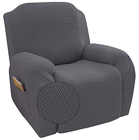 FANSU Housse de Fauteuil Relax Extensible Jacquard, Housse de Fauteuil Relax Inclinable Electrique avec Poche, 1 Places/4 Pièce Protege de Meubles pour Canapé (Gris foncé,1 Places)