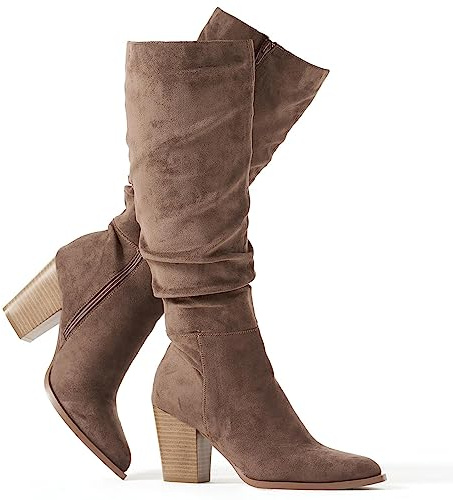 Putu Women's Knee High Boots Faux Suede Tall Boots Heeled Slouchy Boots
