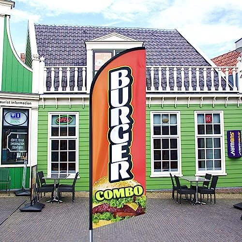 QSUM Burger-Swooper-Flagge, 3,6 m Burger-Werbeflagge mit Stangen-Set, Erdspieß, Burger-Schilder, Federflagge für Unternehmen und Schaufenster