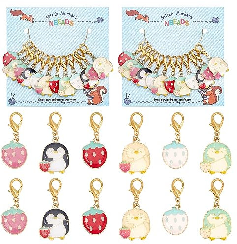nbeads 24 Stück Erdbeer-Pinguin-Maschenmarkierer, Emaille-Legierung Häkel-Stichmarkierer Charms Karabinerverschlüsse Verriegelbarer Maschenmarkierer Zum Stricken Weben Nähen Schmuckherstellung