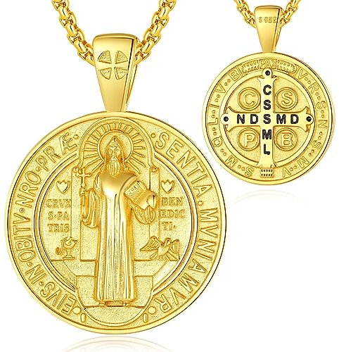EUDORA Harmony Ball Heiliger Benedikt Kette Medaille für Damen Herren 18K Vergoldetes Sterling Silber, St. Benedikt Halskette Amulett Anhänger Christlicher Schmuck, Geschenke für Frauen Männer, 55CM