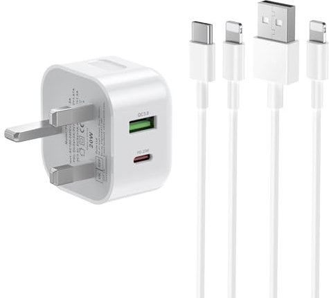iPhone Charger - 20W Fast Dual Port Plug with 2-Pack 2M Cables for iPhone 14/14 Plus/14 Pro/14 Pro Max/13/12/Mini/SE 2020/11/X/XR/XS Max/8/7/Plus, iPad Pro/Air etc - UK Type C Wall PD Charging Adapter