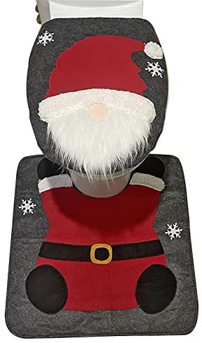Pomurom Weihnachts Badezimmer Sets, Weihnachten Toilettensitzbezug und Teppich Set, Weihnachtsmann WC Sitz mit -Plüsch-Bart, Weihnachtsmann auf der Toilette für Weihnachten Heimdekoration Geschenk