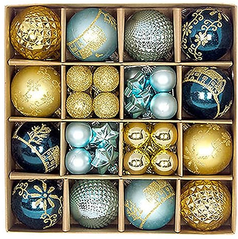 BKPAPTXY 44Pcs Christmas Ball Ornaments for Christmas Tree Decorations,Sequined Chriatmas Hanging Ornaments Ball Black and Gold Christmas Ornaments for Xmas Party (Gold Blue, 44Pcs)