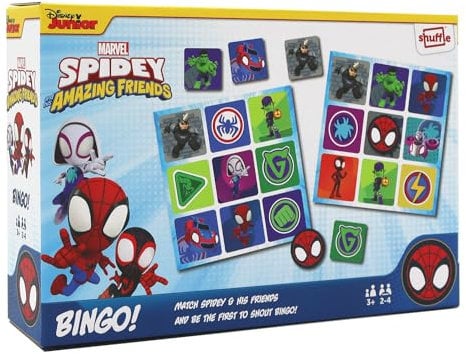 SHUFFLE Spidey and his Amazing Friends Bingo, Match Spidey, Friends and Villains in this Fun Game for Marvel Fans, Great Gift, 2-4 Players, Ages 3+ Years