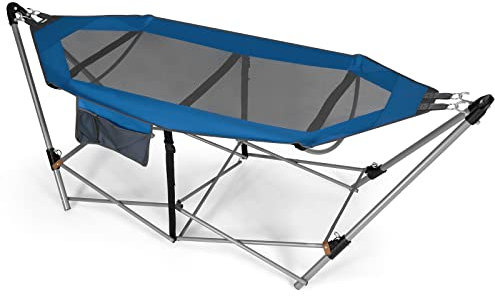 DREAMADE Hängematte mit faltbarem Gestell, tragbares Hängemattengestell Set bis 150kg belastbar für den Outdoor Indoor Garten Terrasse Balkon Camping, Tragetasche inkl. (Blau)