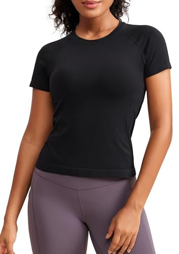 CRZ YOGA Women's Seamless Short Sleeve Shirts Breathable Running Yoga Plain Top Stretchy Sport Gym Fitness Basic T-Shirt Black 14