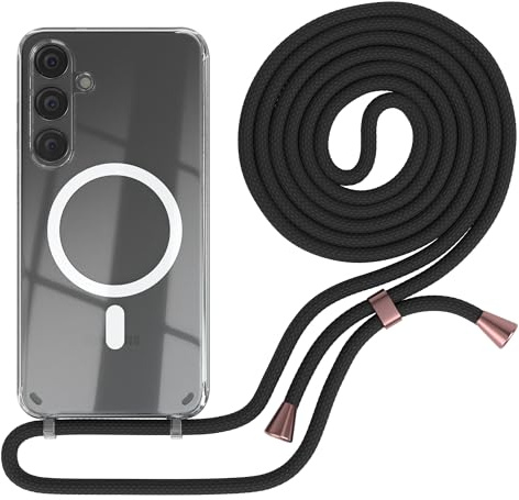 EAZY CASE - Handykette kompatibel mit Samsung Galaxy S24 Plus Kette zum Umhängen Stoßfest Handyhülle für Galaxy S24 Plus Silikon Hülle mit Band Handytasche Transparent in Schwarz - Clips in Rose