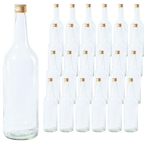 Vitrea 24 leere Glasflaschen 1 Liter Schraubverschluss Gold - große Flaschen zum Befüllen mit Deckel - für Wein, Saft, Getränke, Likör, Öl, Saucen - 24 Stück, PP28, Geradhals