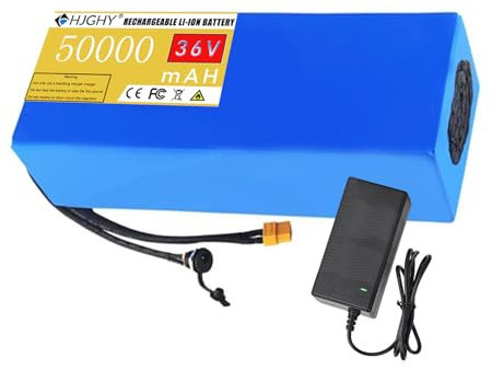 HJGHY Batteria al Litio 36V 50Ah Batteria agli ioni di Litio 10S10P Batteria Impermeabile agli ioni di Litio da 36 Volt per Motore Scooter Pieghevole 0-1800W con Caricabatterie 2A,Xt90,36V 50Ah