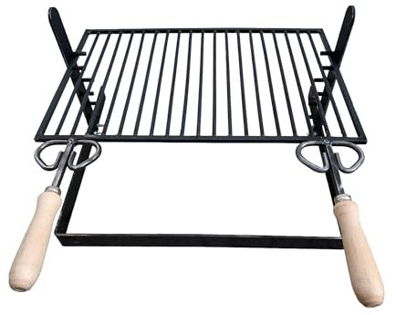 Griglia in ferro regolabile su più altezze, bistecchiera con manici in legno, per barbecue e camino per carne pesce verdure (50x36 cm)