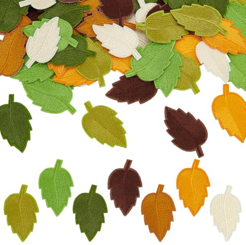 FINGERINSPIRE 56pcs Leaf Cloth Patch, 7 Colors, 3.1x5.2cm, Iron On Appliques for Jeans, Coat, Bag, Hat, Shoes