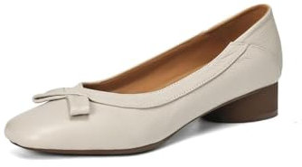 TinaCus Women's Handmade Retro Geniuine Leather Square Toe Block Heel Ballet Pumps with Bow, Beige, 6 UK