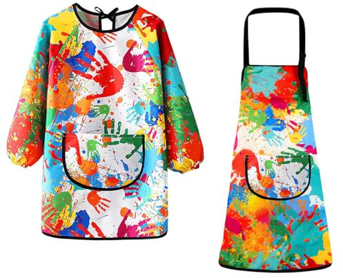 XIAQICA 2 Stück Malschürze Kinder Bastelkittel Malerkittel 7-12 Jahre Mädchen/Junge Wasserdicht Malschürze Bastelschürze Malkittel Kinder mit Big Taschen für Malen Kunst Kochen
