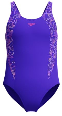 Speedo Girls Hyperboom Splice Muscleback Swimsuit | Swim Training |Chlorine Resistant | Quick Drying | Stretch Fabric | Comfort Fit, Indigo Glow, 5-6