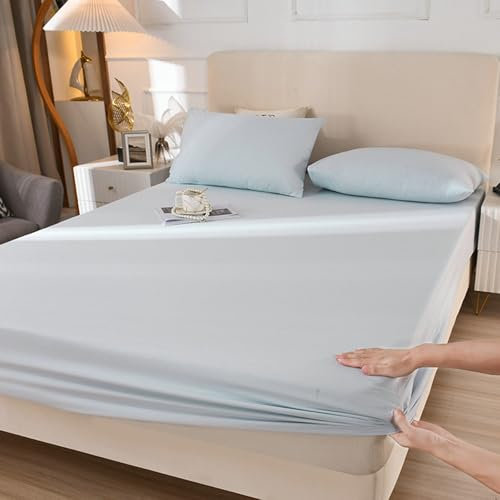 Epinki Betthusse & 1er Kissenbezüge 90x200cm Set Allergiker, Betthusse Volant Einfarbig Himmelblau Matratzenschutz, Baumwolle Bett Laken Bezug für Boxspringbett & Wasserbett