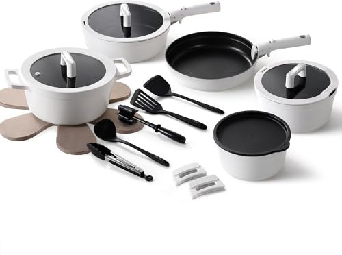 CAROTE Juego de 20 ollas y sartenes antiadherentes, mango desmontable, color blanco, juego de cocina para caravana, apto para lavavajillas, horno/nevera, juego de ollas y sartenes, utensilios de