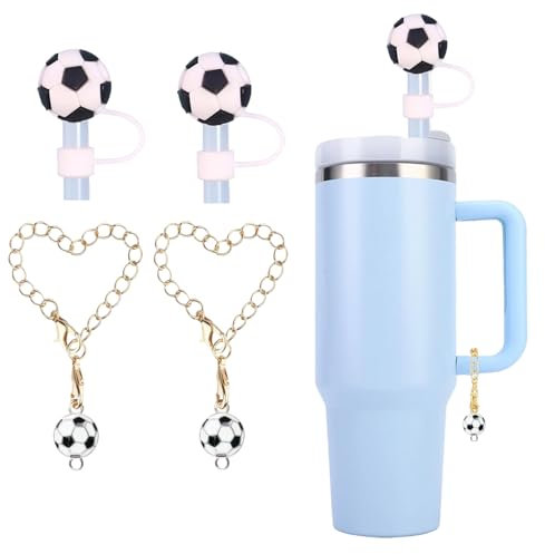 Huipalon Straw Covers 4 Pcs 3D Football Straw Toppers Cup Accessories Football Charms Straws Lids for 30oz&40oz Tumblers 10mm Silicone Straws Cover Boys