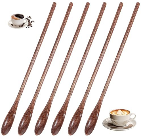Tyqour 6 cucharas largas de madera pequeñas de 20 cm, mango de madera, cucharas de miel, cucharas largas de café, cucharas de sopa, cucharadas de cucharadita, cucharas de cereales, cucharas