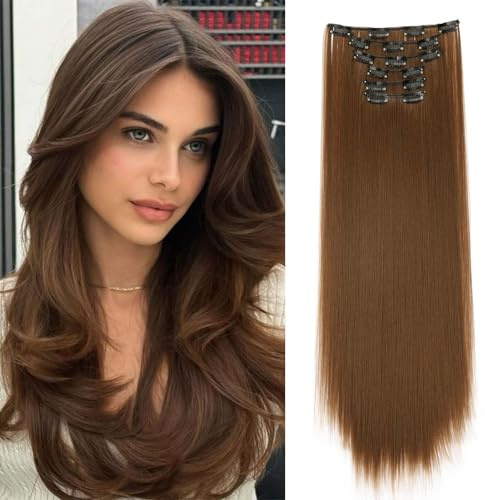 Gairyan 58cm Clip in Extensions Braun Glatt Lang 6PCS Haarverlängerungen mit Clips Synthetik Haar Extensions Clip in Haarteil Haarextension Gerade für Frauen, Hellbraun